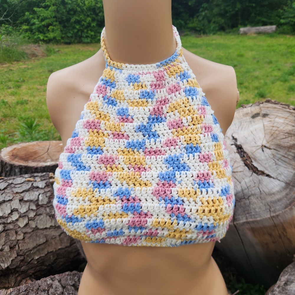Crocheted Halter Crop Top in White, Blue, Pink & Yellow